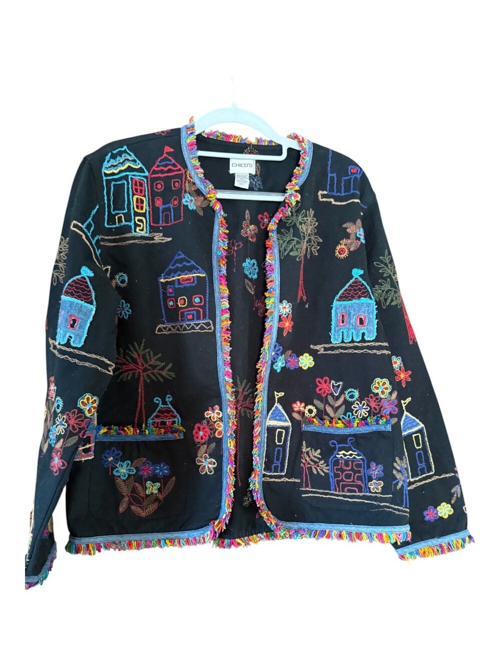 Chico’s Size 1 Embroidered Cottage Jacket Boho Folk Art Rainbow Fringe M